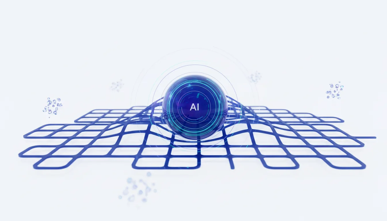 Abstract blue sphere with AI text sits on a distorted grid, representing AI's impact on financial markets.