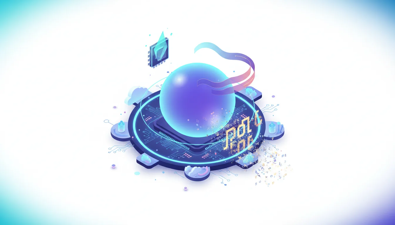 Abstract illustration of a glowing orb on a circuit board surrounded by clouds, chips, and binary code, symbolizing the AI ecosystem.