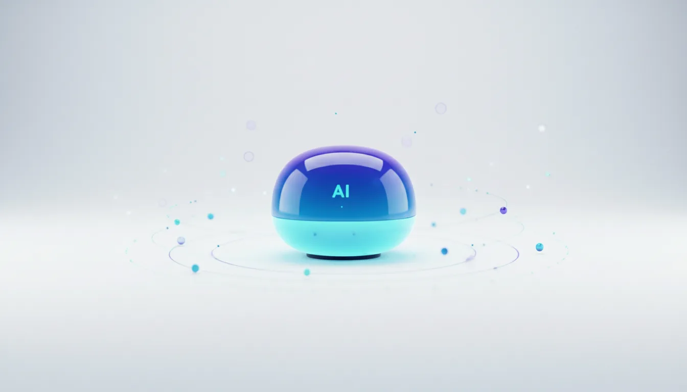 A spherical AI hardware prototype with glowing blue and purple accents, surrounded by abstract data points and orbits.