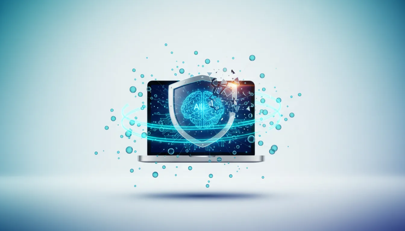 A laptop screen displays a digital AI brain protected by a shattering shield, symbolizing a cybersecurity breach in AI applications.