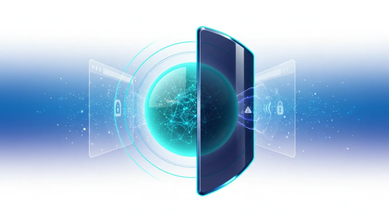 Futuristic browser interface with a glowing sphere of interconnected nodes, representing AI, protected by digital locks and warning symbols.
