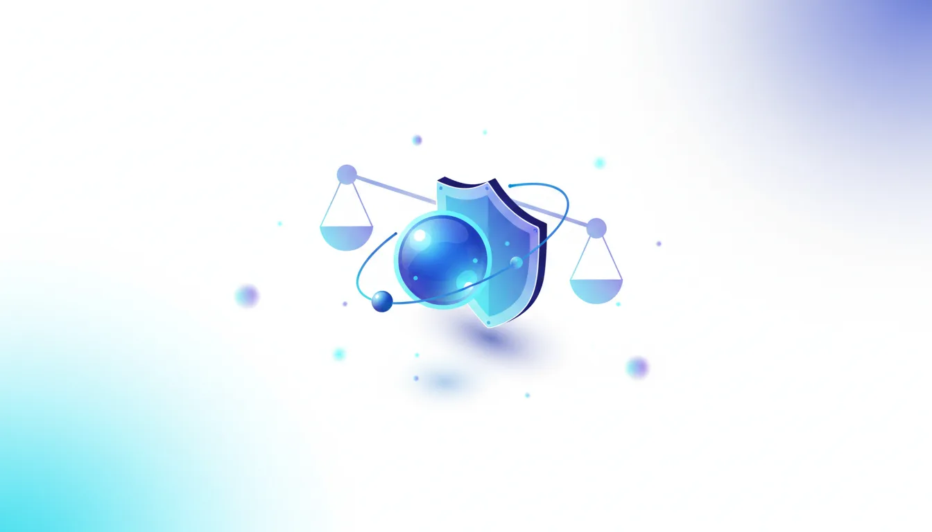 Abstract illustration of a shield, scales of justice, and atomic particles symbolizing AI ethics and defense applications.