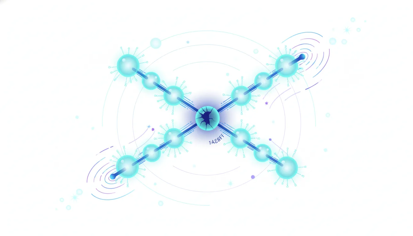 Abstract representation of a broken molecular chain with glowing nodes, symbolizing AI supply chain vulnerabilities and data breach risks.