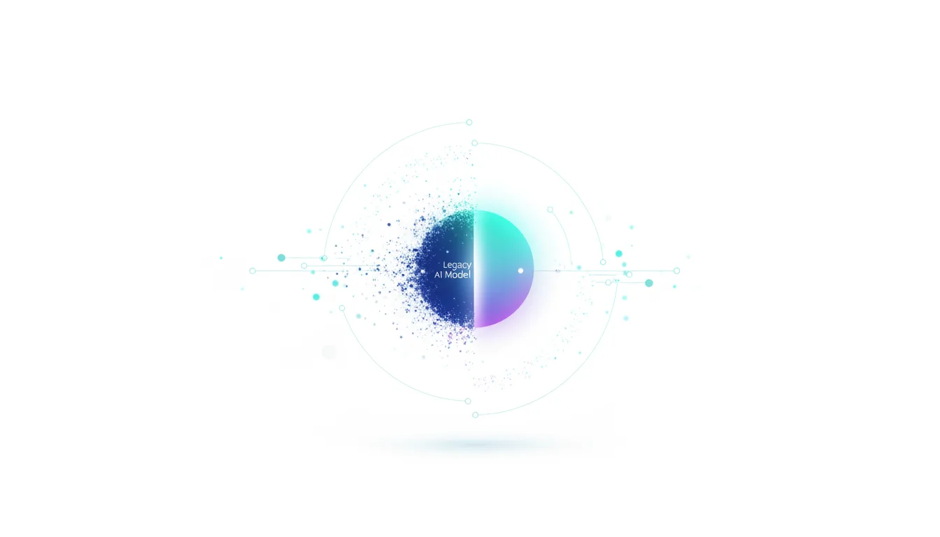 Abstract representation of a legacy AI model transitioning from fragmented particles to a solid, glowing sphere.