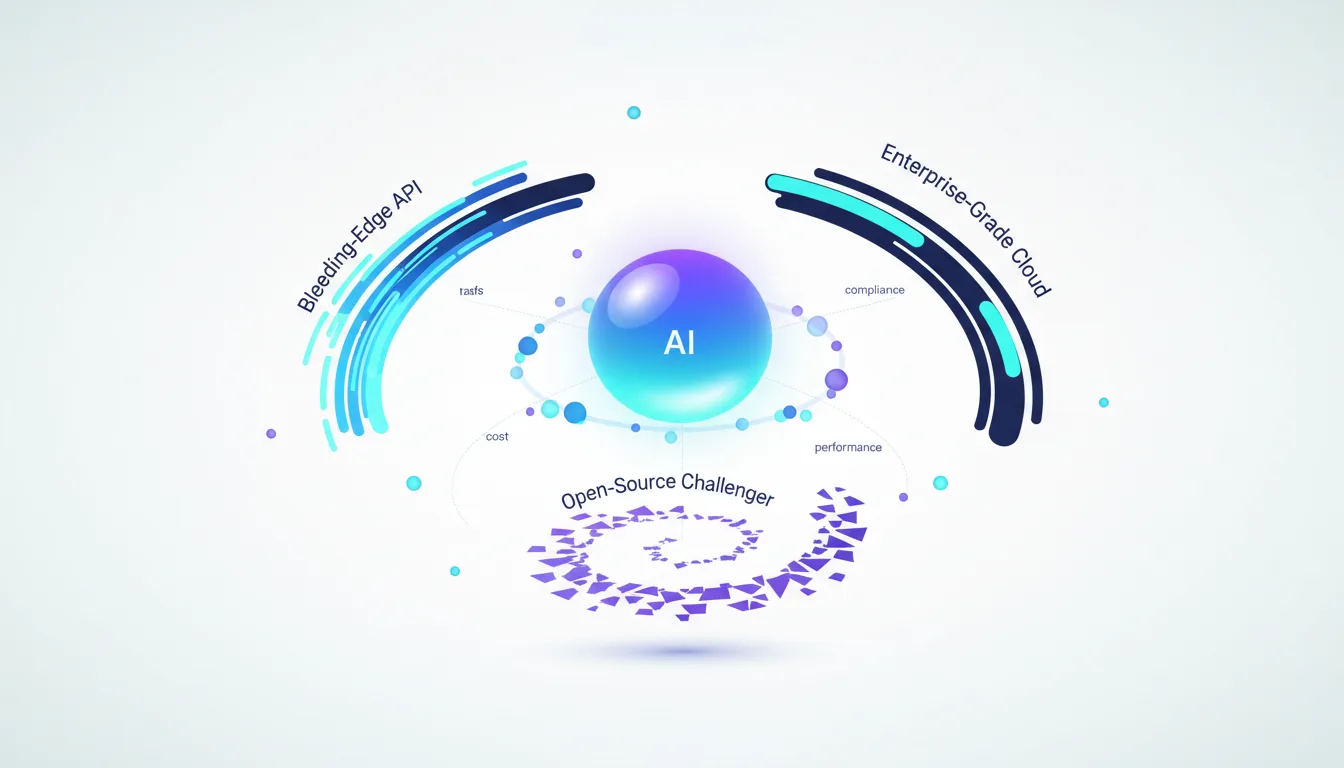 Diagram illustrating OpenAI's AI model fragmentation into Bleeding-Edge API, Enterprise-Grade Cloud, and Open-Source Challenger pathways, with factors like cost, performance, and compliance.