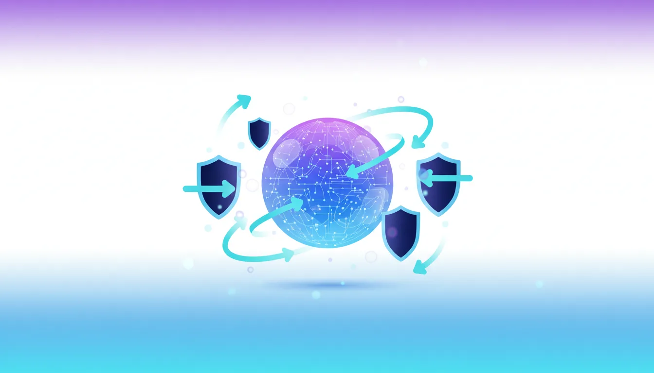 Abstract digital globe surrounded by shields and arrows, symbolizing AI governance and legal disputes.