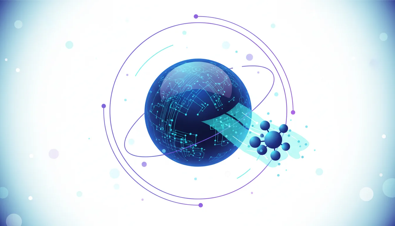 Abstract illustration of a glowing blue sphere with circuitry patterns, surrounded by orbiting lines and a molecular structure, symbolizing AI development and data.