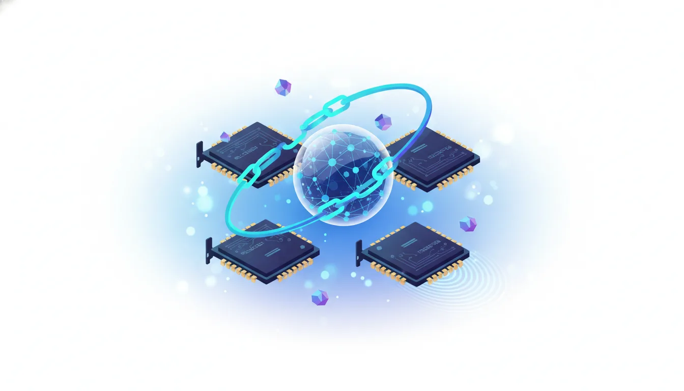 Four Nvidia GPUs connected by a chain to a glowing globe, symbolizing AI compute infrastructure and strategic partnerships.