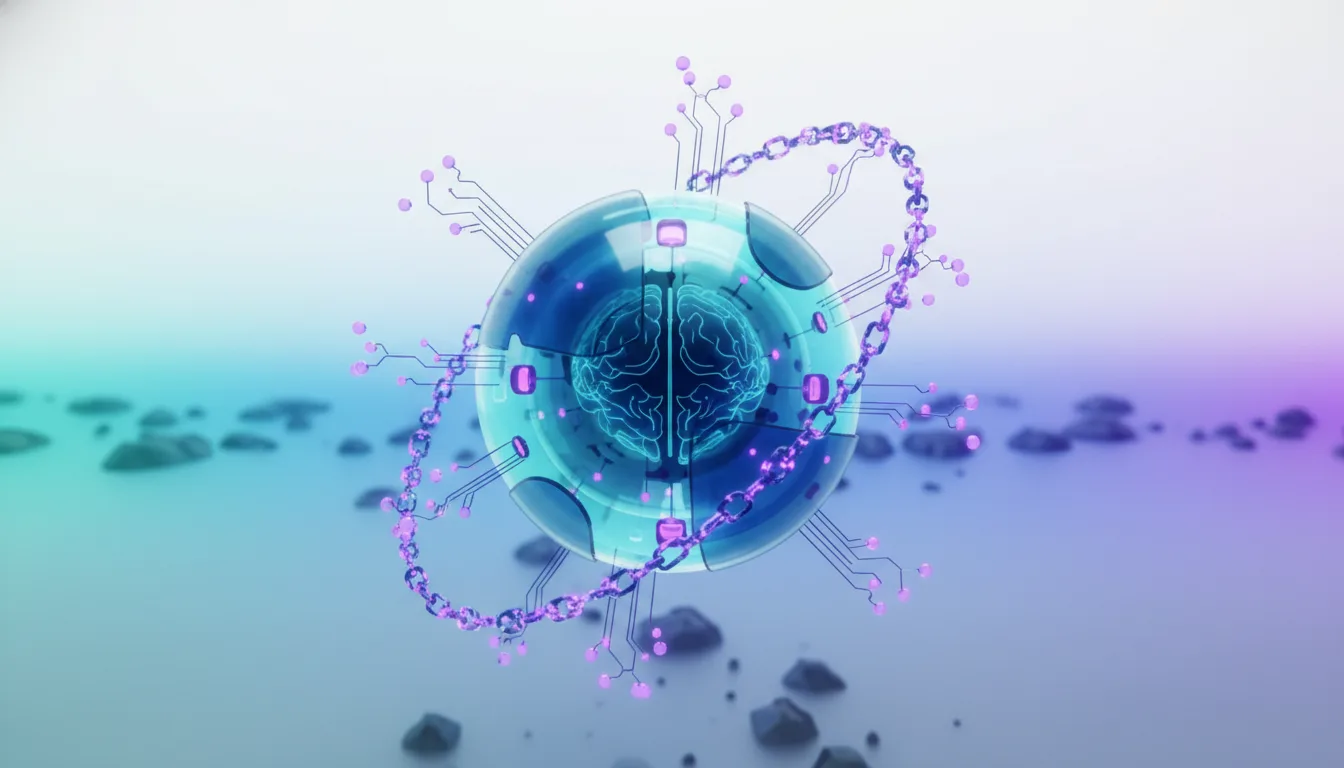 Abstract sphere with glowing brain circuitry inside, connected by a digital chain, symbolizing AI and its dependencies.