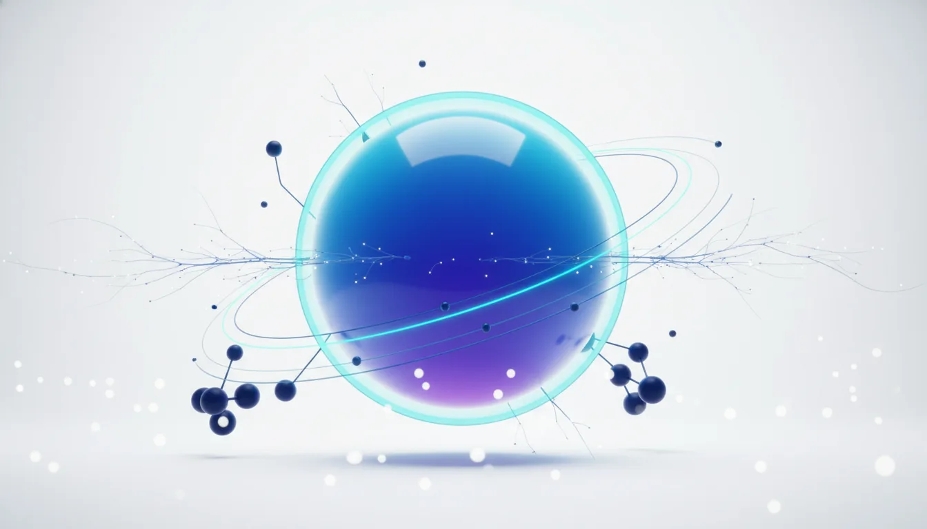 Abstract visualization of a glowing blue sphere with orbiting rings and connected molecular structures, representing AI and advanced technology.