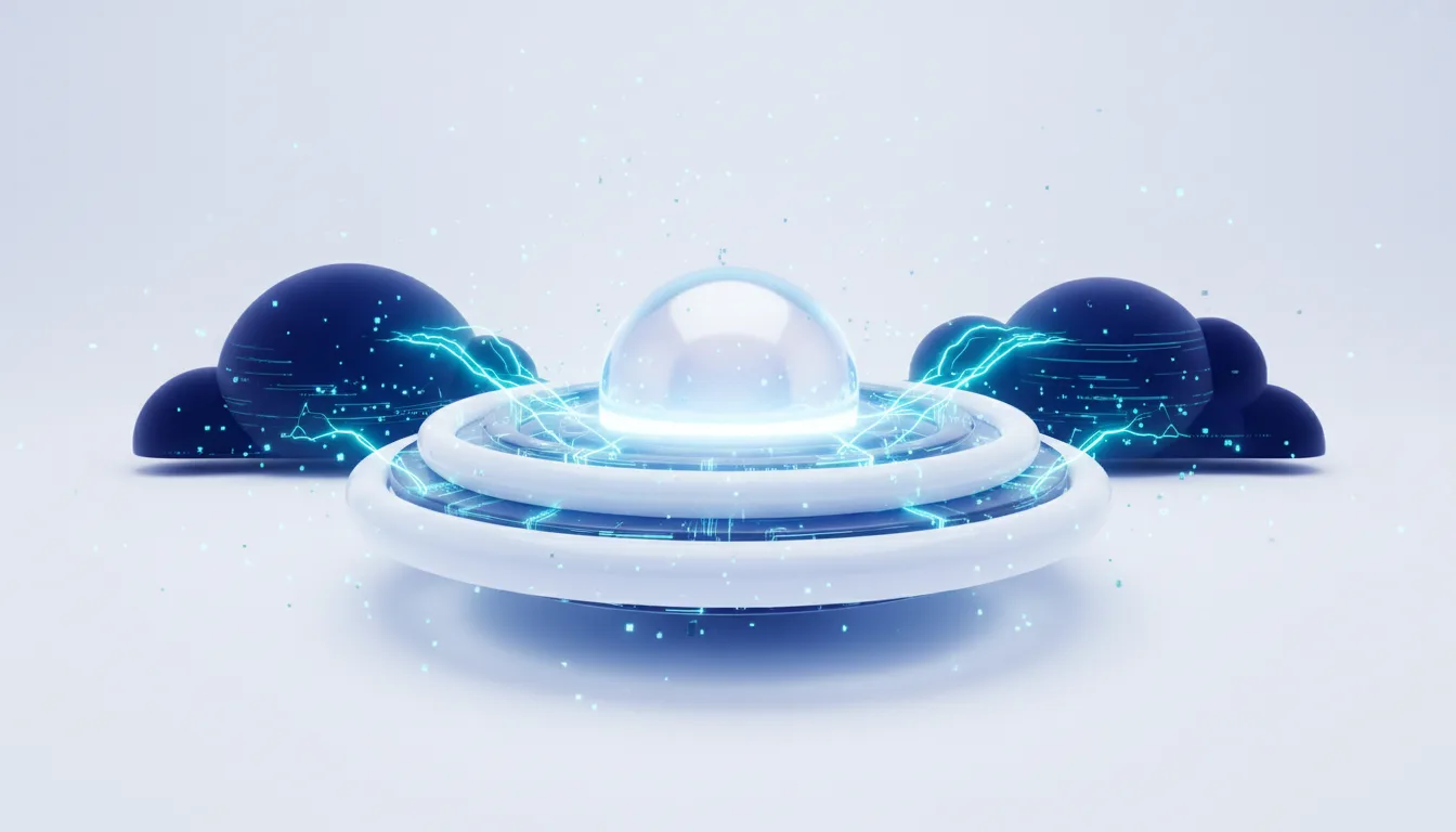 Futuristic AI data center hub with glowing energy circuits and cloud symbols representing massive power infrastructure.
