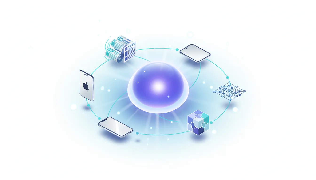 Abstract visualization of a glowing orb surrounded by icons representing AI, smartphones, puzzle pieces, and news articles, symbolizing OpenAI's business strategy.