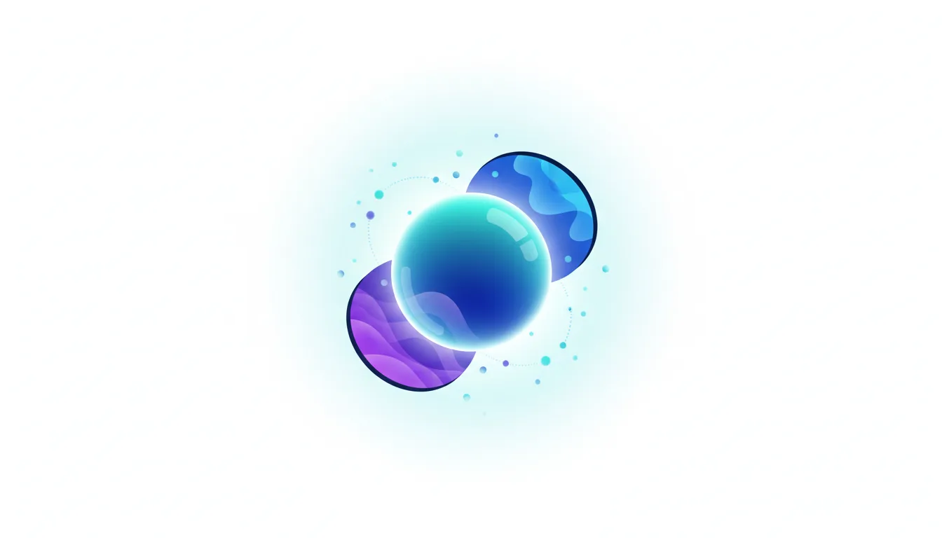 Abstract visualization of a central glowing blue sphere surrounded by smaller dots and two translucent, colorful discs representing AI concepts.