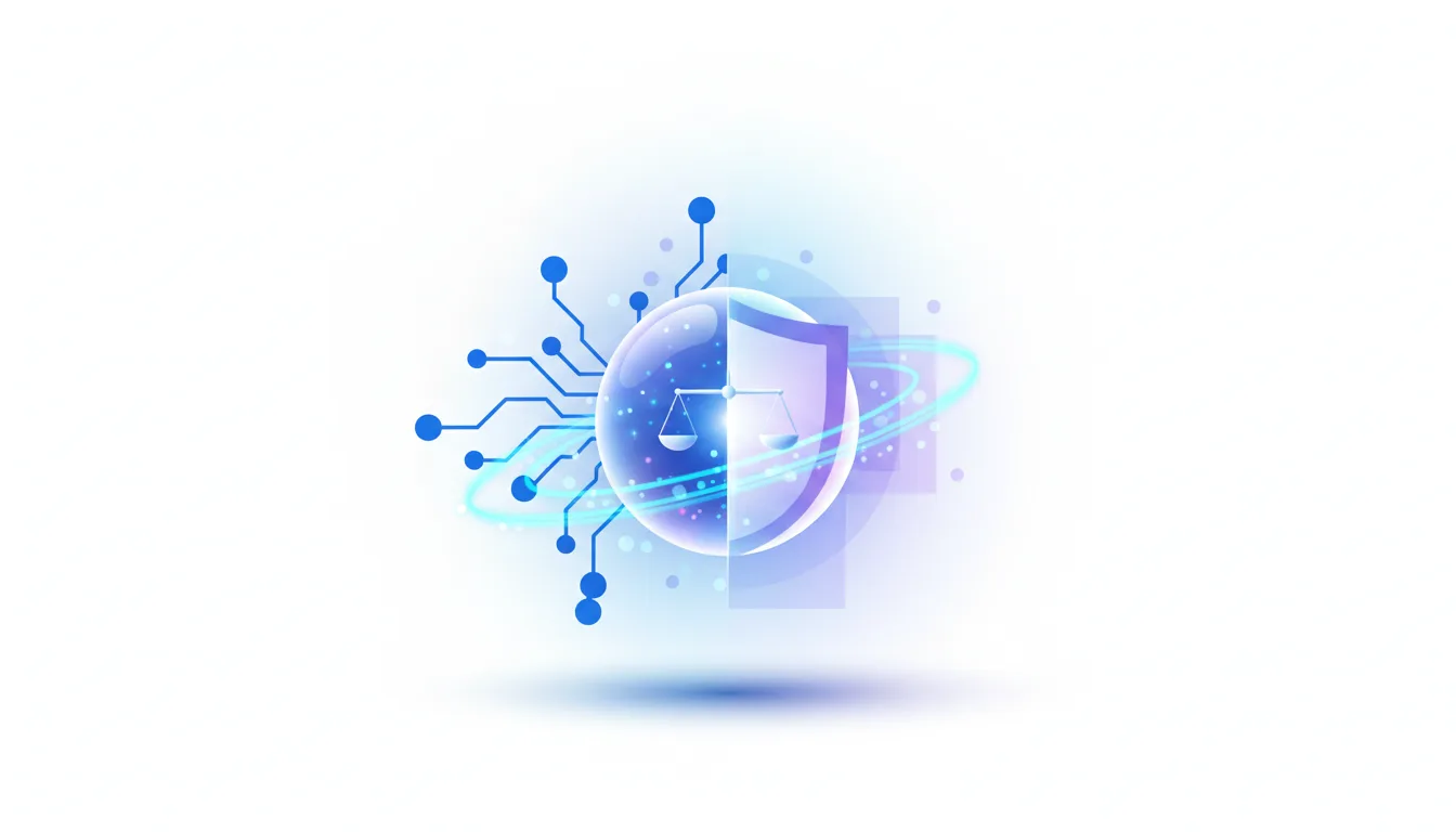 Abstract digital art depicting a shield with scales of justice inside a bubble, surrounded by circuit board elements and glowing rings, symbolizing AI and national security.