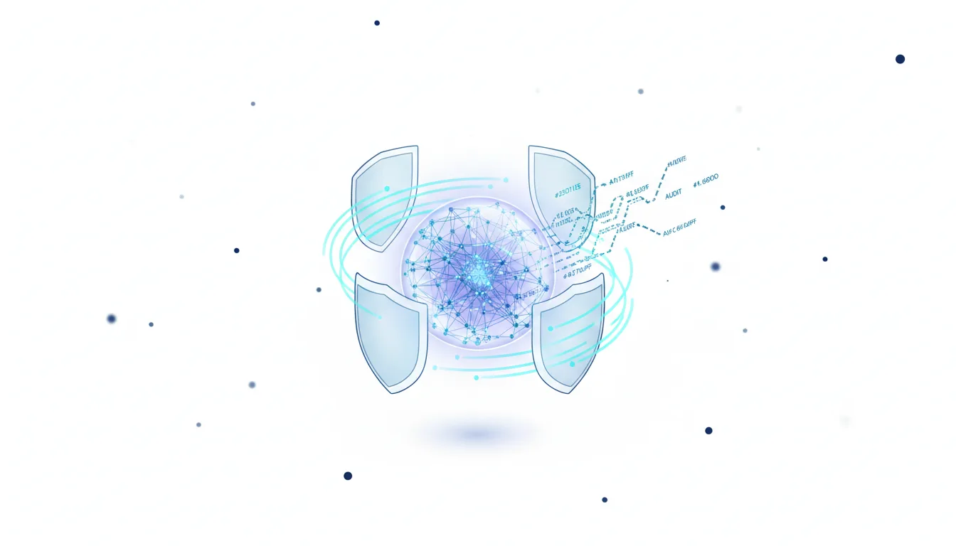 Abstract network of data points protected by shields, symbolizing AI surveillance safeguards in military contracts.