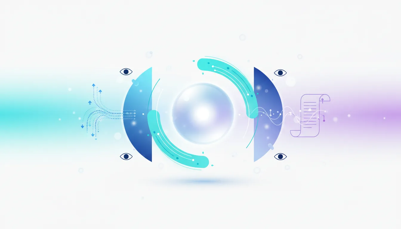 Abstract visualization of AI processing with eyes symbolizing surveillance and a scroll representing a contract.
