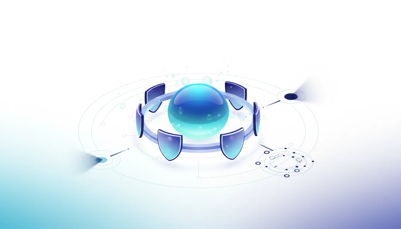 Abstract digital illustration of a glowing blue sphere surrounded by protective shields, symbolizing AI safety and policy enforcement.