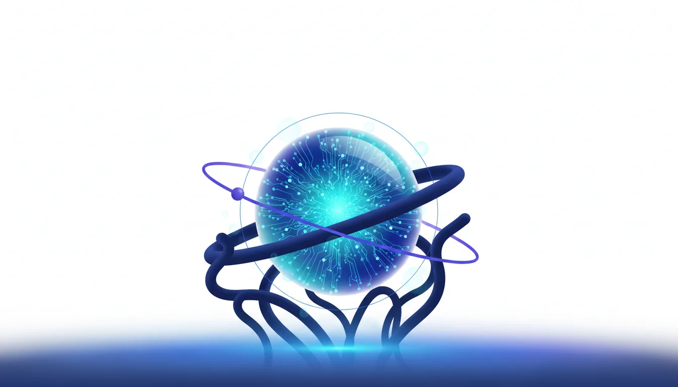 Abstract glowing blue sphere with circuit patterns and orbiting rings, symbolizing AI technology and its potential impact.