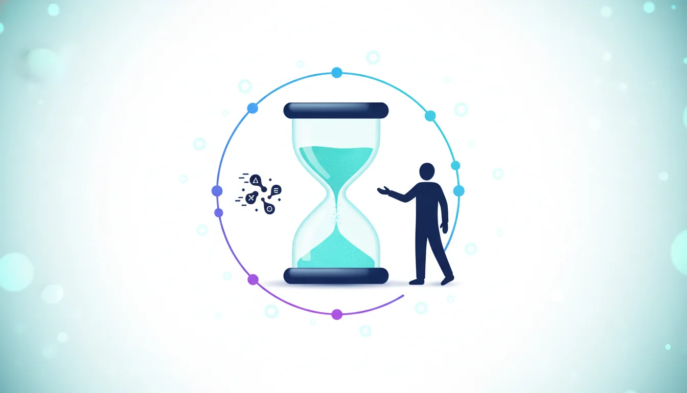 Hourglass with sand flowing, a silhouette of a person, and abstract icons representing AI, illustrating OpenAI's productivity claims.