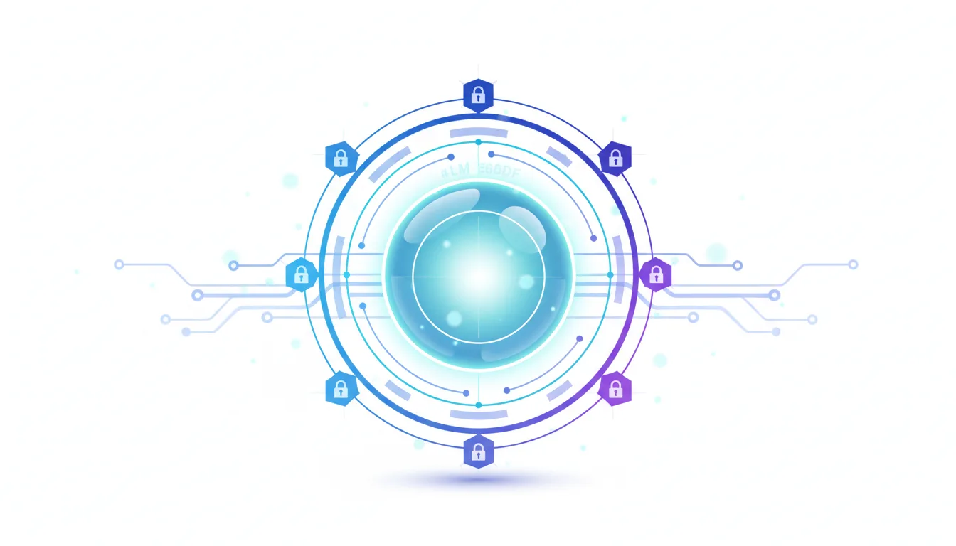 Abstract digital illustration of a secure AI core with concentric circles, circuit board patterns, and lock icons representing enhanced AI security.