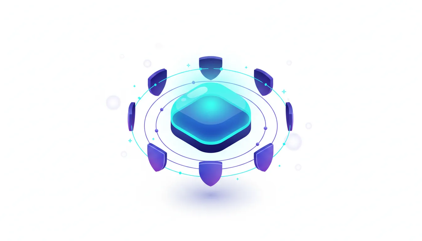 Abstract representation of AI security with a central glowing core surrounded by protective shields.