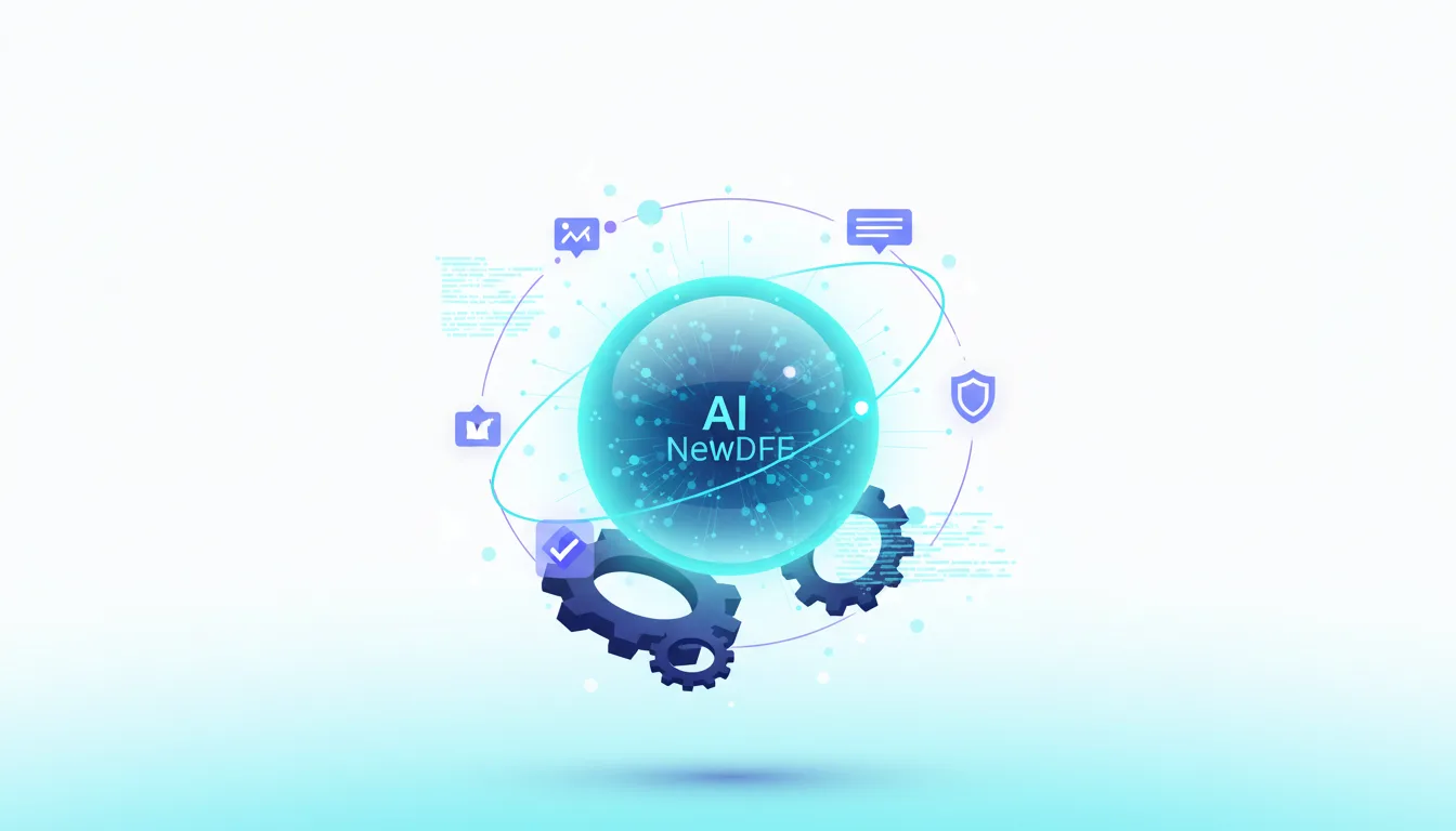 Abstract AI concept with a glowing sphere labeled AI NewDFE, surrounded by gears, data streams, and security icons, symbolizing AI development and testing.