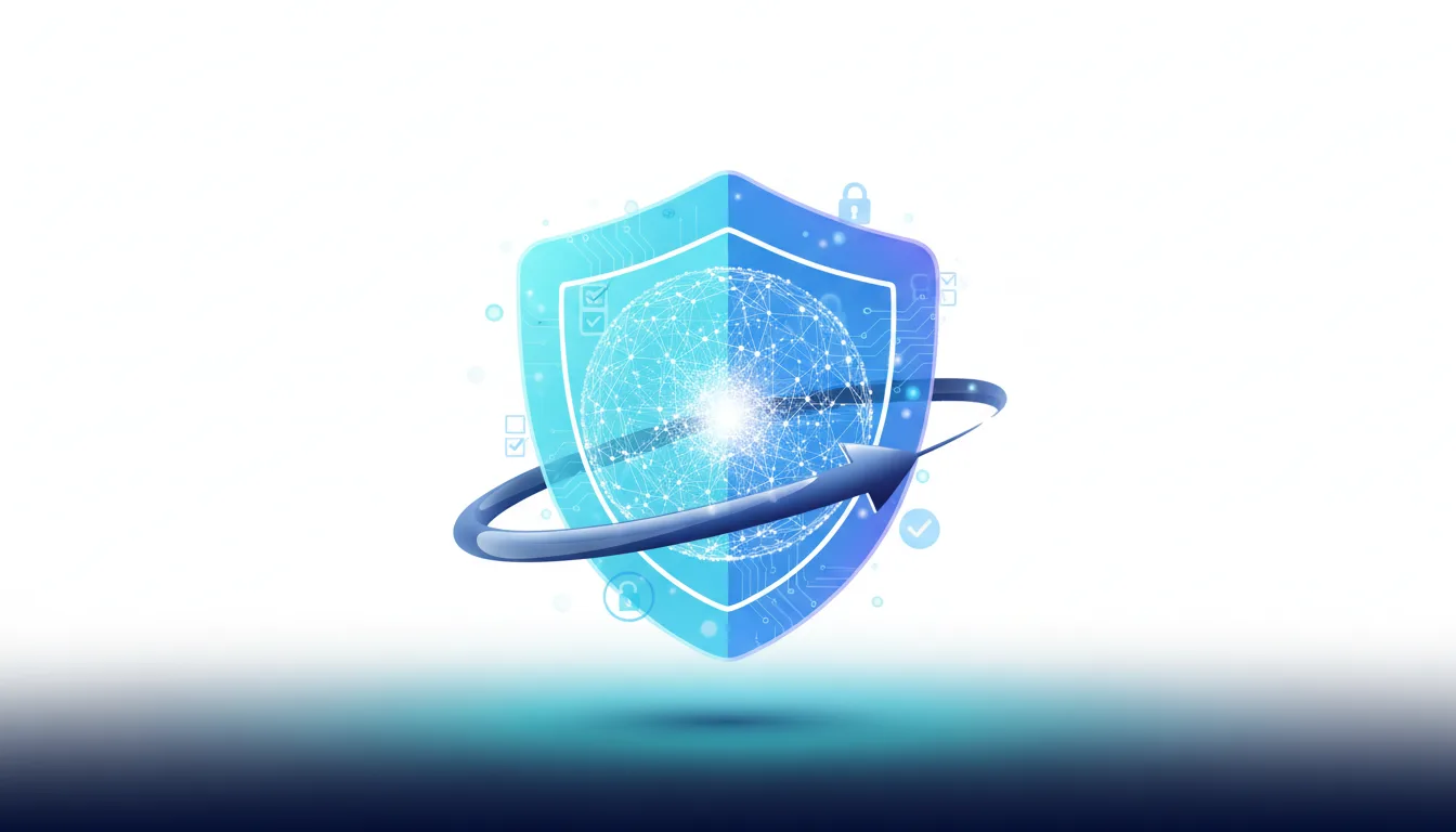 Abstract shield graphic with a digital globe inside, symbolizing AI security and evaluation, with an arrow indicating progress.