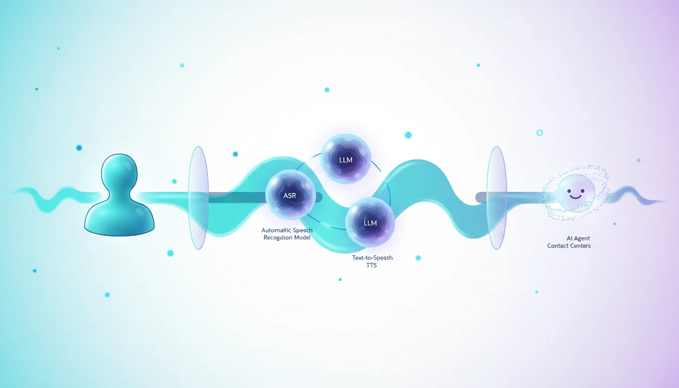 Diagram showing a user's voice input processed through ASR and LLM models, then output via TTS to an AI agent in contact centers.