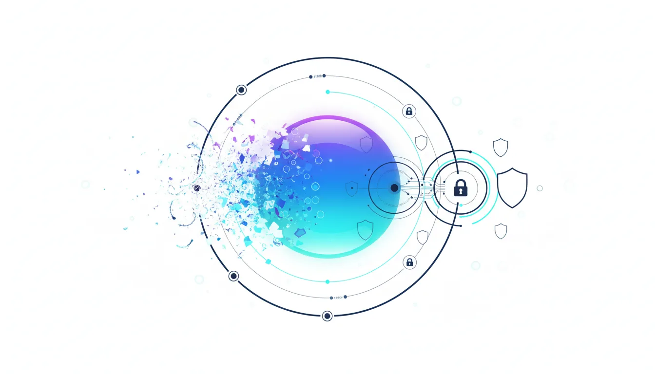Abstract digital art depicting a secure lock icon within concentric circles, surrounded by shield icons, symbolizing AI security and enterprise governance.