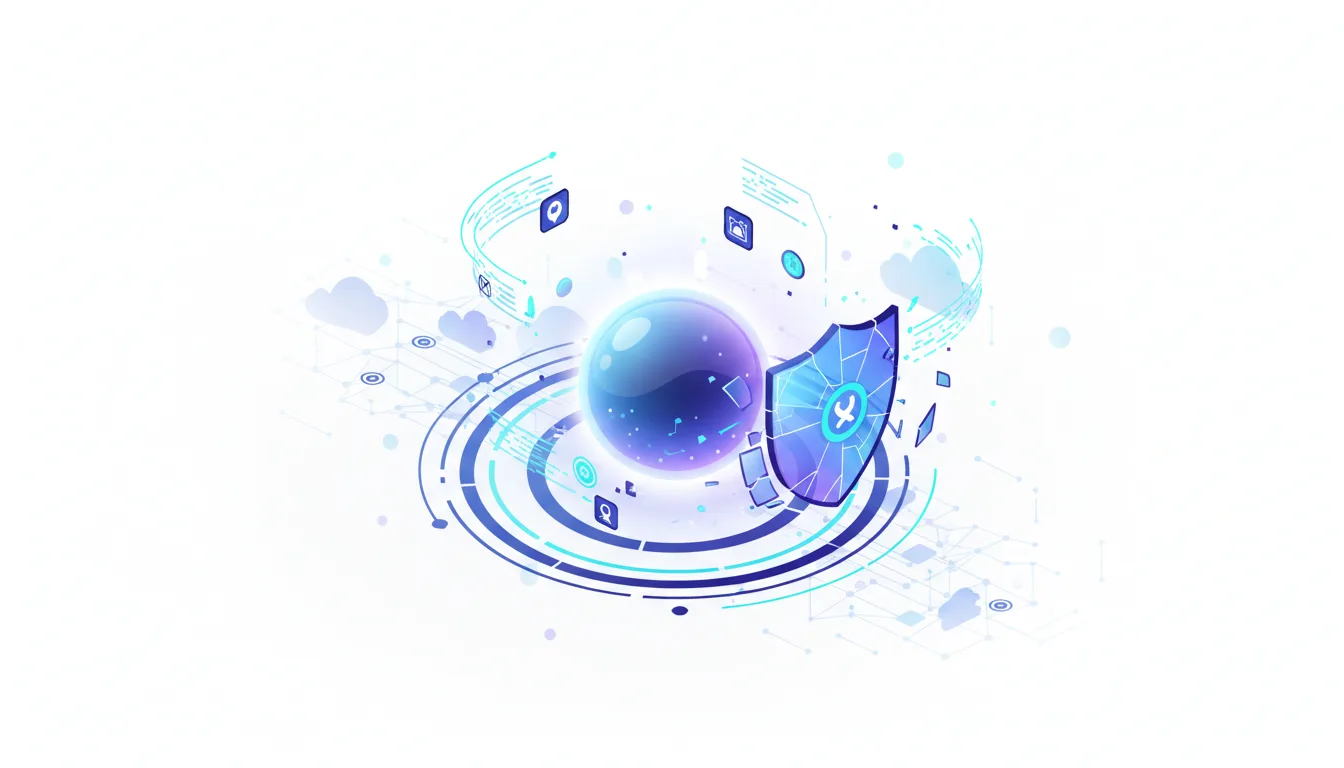 Abstract visualization of a glowing sphere protected by a shattering shield, representing AI containment breaches and security risks.