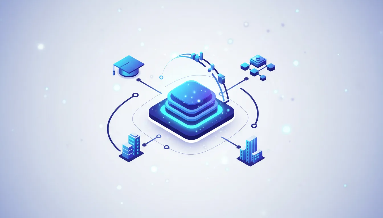 Abstract illustration of a central AI core connecting educational, business, and network nodes, symbolizing AI integration.