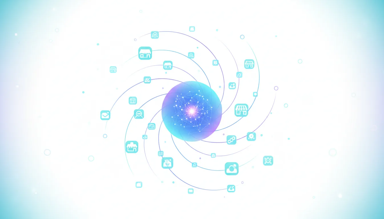 Abstract visualization of a central glowing sphere connected by swirling lines to various business and technology icons, representing AI integration for SMEs.