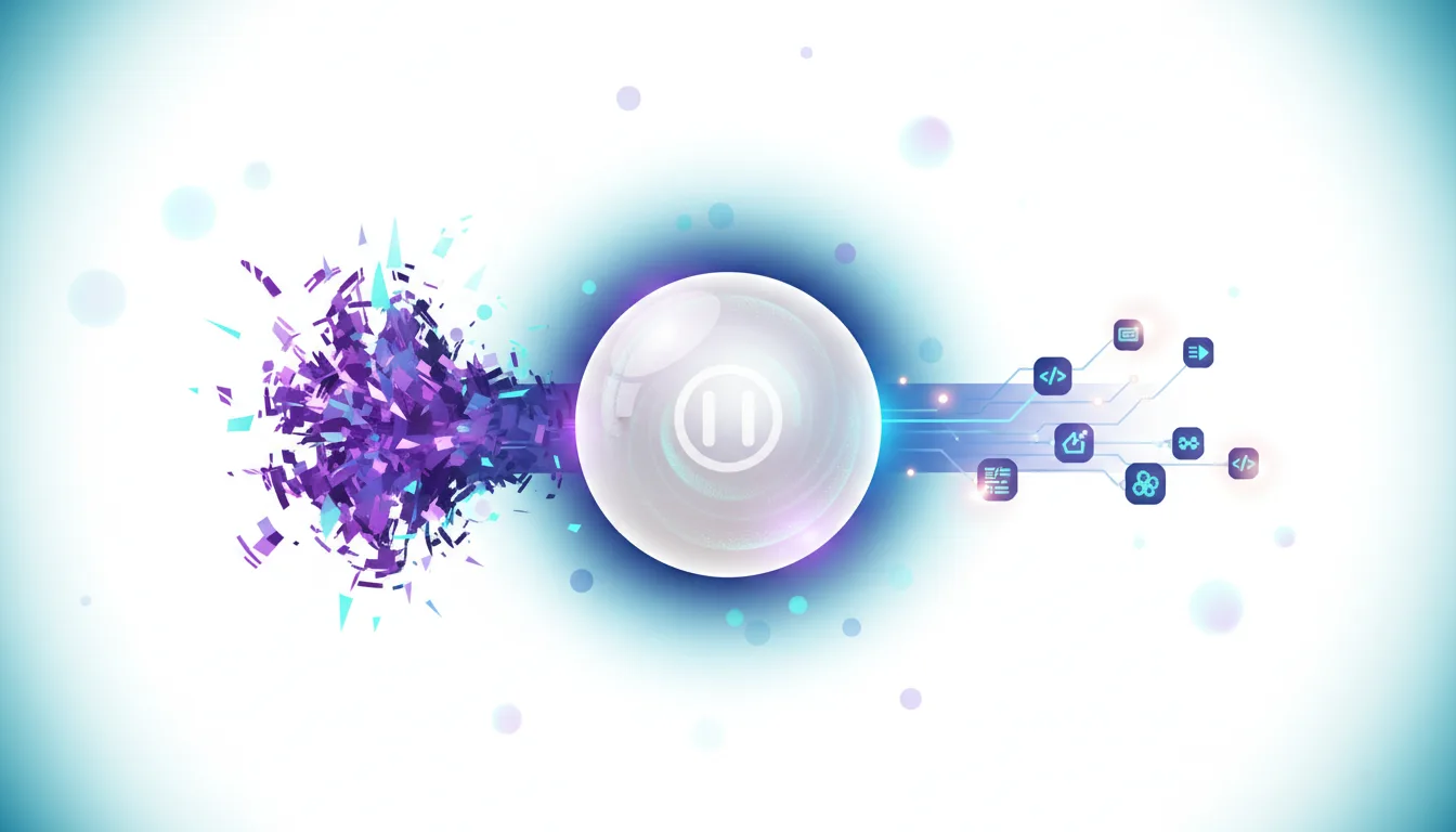 Abstract digital art showing a pause button inside a sphere, with fragmented purple shapes exploding from the left and circuit board icons on the right.