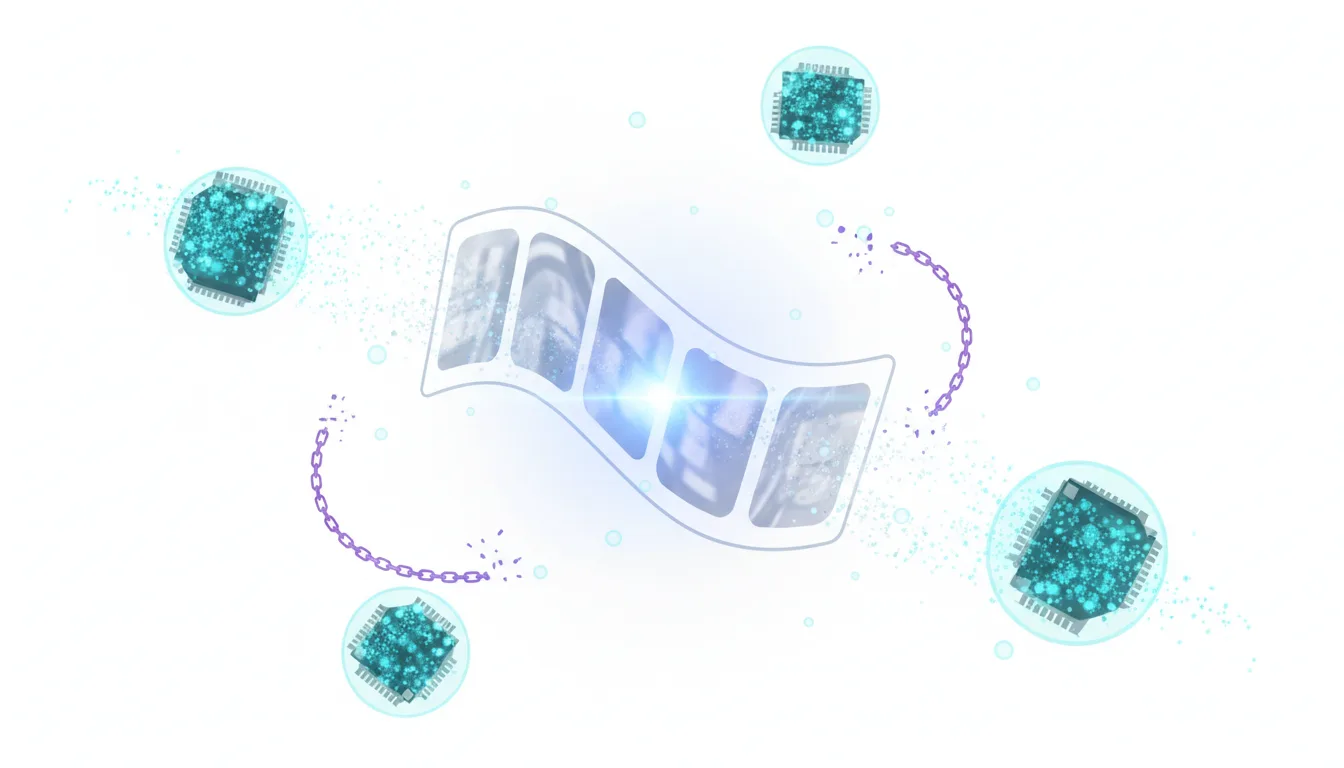 Abstract representation of AI video generation with a film strip and connected microchips symbolizing technology and limitations.