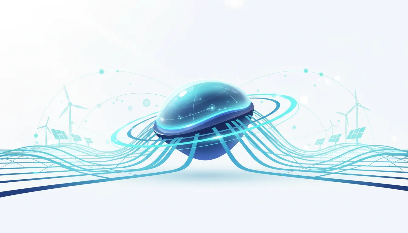 Abstract representation of AI energy consumption with a glowing orb connected to flowing lines, alongside wind turbines and solar panels symbolizing renewable energy sources.