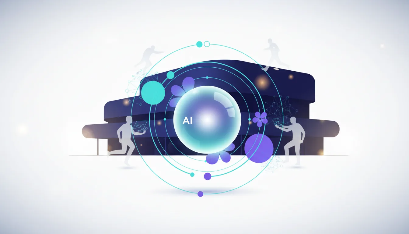Abstract representation of AI with a central sphere labeled AI, surrounded by orbiting elements and stylized figures interacting with technology.