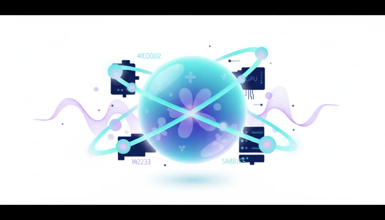 Abstract representation of an AI ecosystem with a glowing atom at the center, surrounded by circuit boards and data streams.