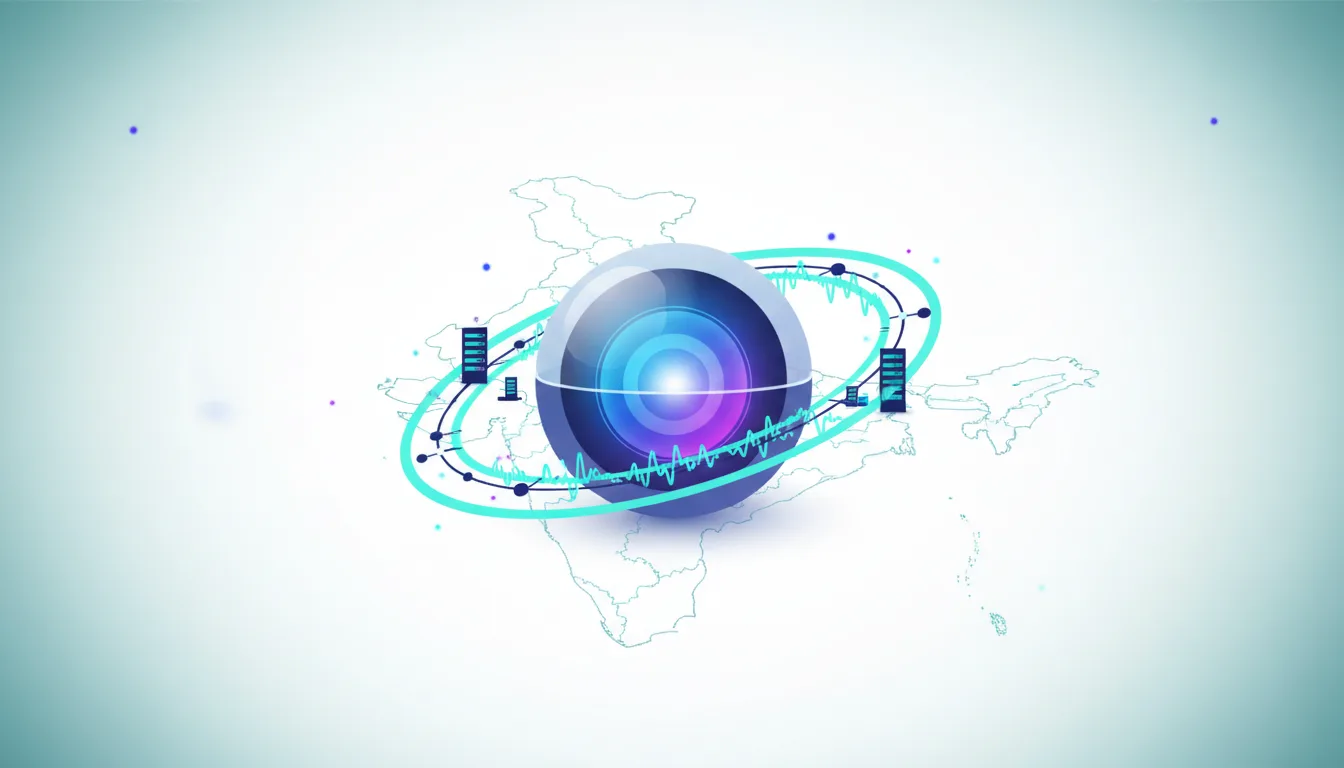 Abstract visualization of India map with a central AI sphere, data streams, and server icons representing AI infrastructure development.