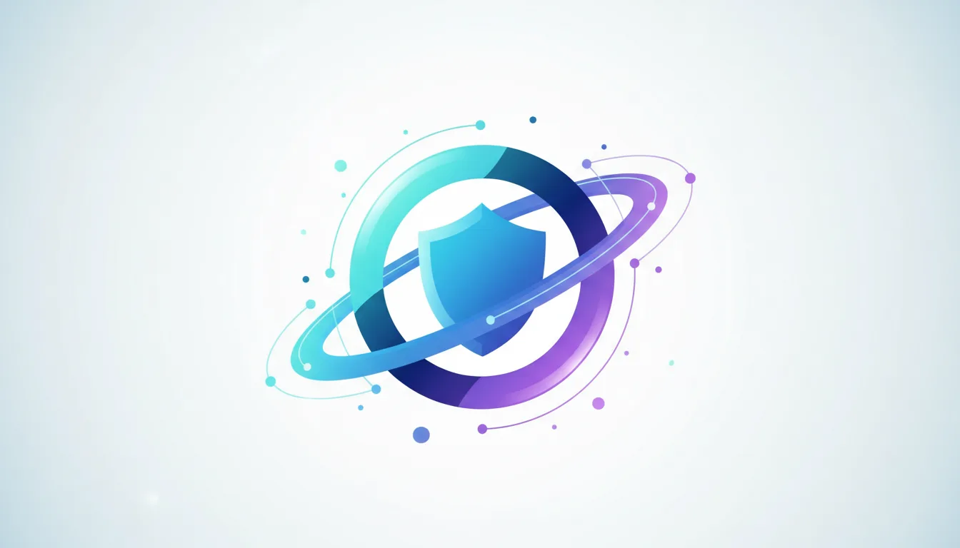 Abstract graphic of a blue shield within concentric rings, symbolizing data security and AI governance in India.