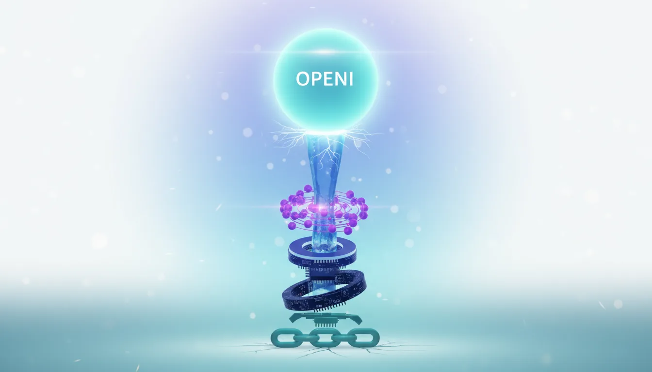 Abstract visualization of OpenAI's AI infrastructure, showing a glowing sphere labeled OPENI supported by complex interconnected technological components and a blockchain link.