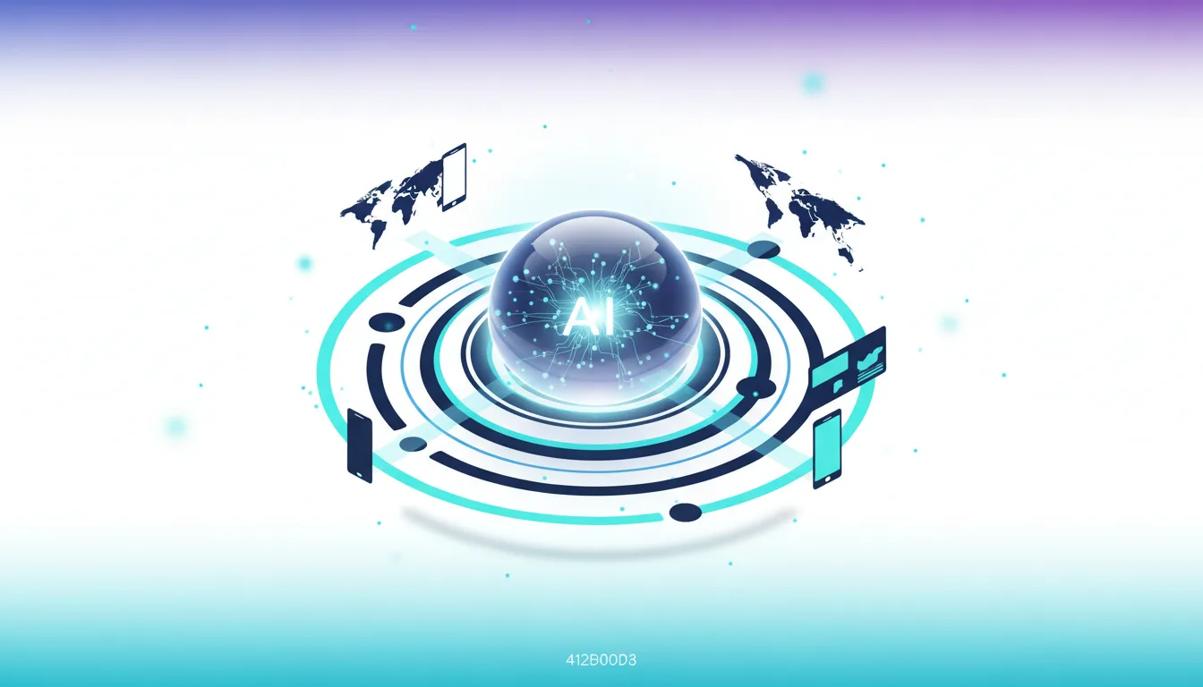 Abstract visualization of AI technology with a glowing sphere, world maps, and mobile devices, representing global AI distribution.