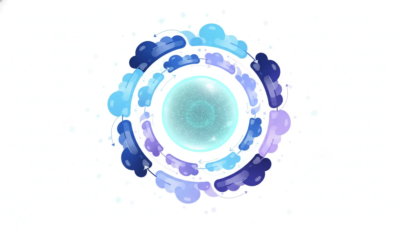 Abstract circular diagram illustrating a self-reinforcing AI ecosystem with a glowing core and orbiting cloud-like elements.