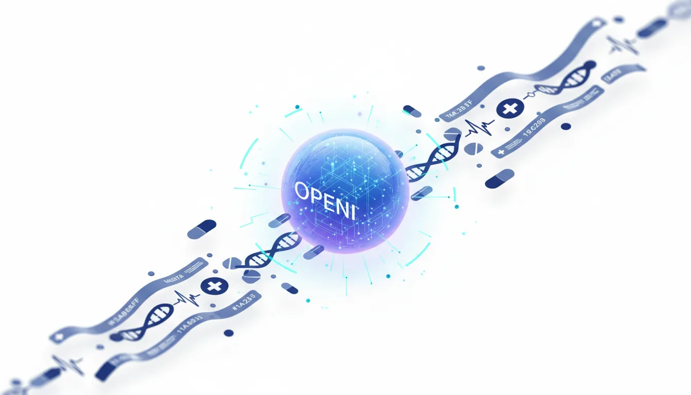 Abstract visualization of OpenAI's acquisition of Torch, featuring a glowing sphere with the OpenAI logo surrounded by DNA strands, medical symbols, and pills.