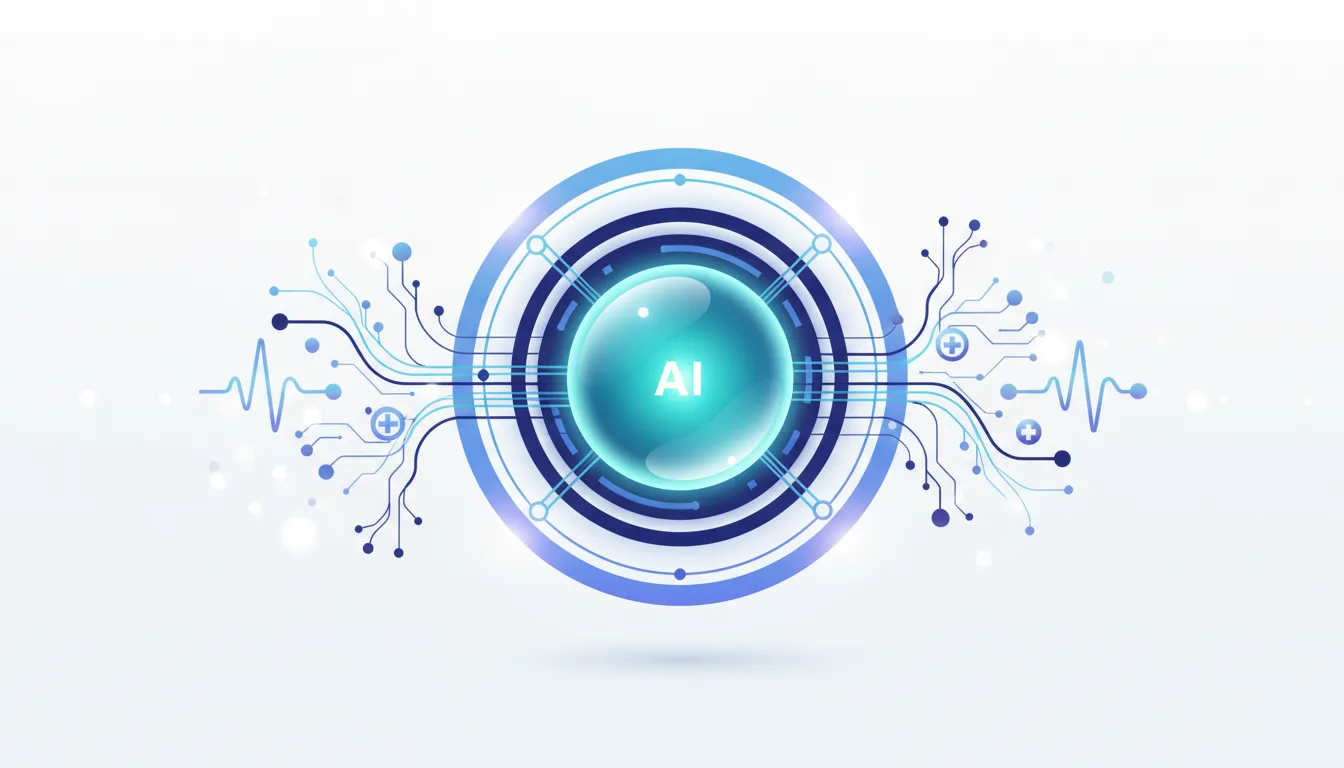Abstract AI graphic with a central glowing orb labeled AI, surrounded by circuits and a medical heartbeat line.