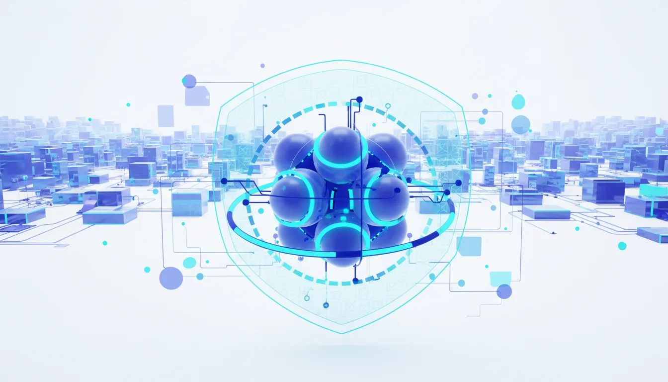 Abstract representation of AI security with a central cluster of glowing spheres protected by a digital shield and network connections.