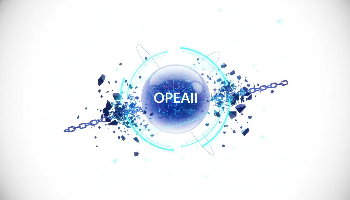 Abstract visualization of OpenAI's sphere of influence breaking apart, symbolizing disruption and innovation in AI.