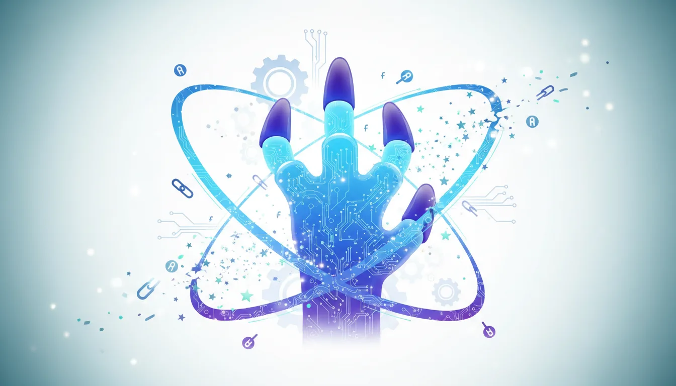 Abstract illustration of a blue robotic claw with circuit board patterns, surrounded by an atom-like structure and digital elements, symbolizing AI innovation.