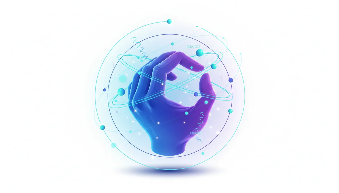 Abstract 3D render of a blue and purple hand holding glowing spheres within an atomic orbital structure, symbolizing AI development.