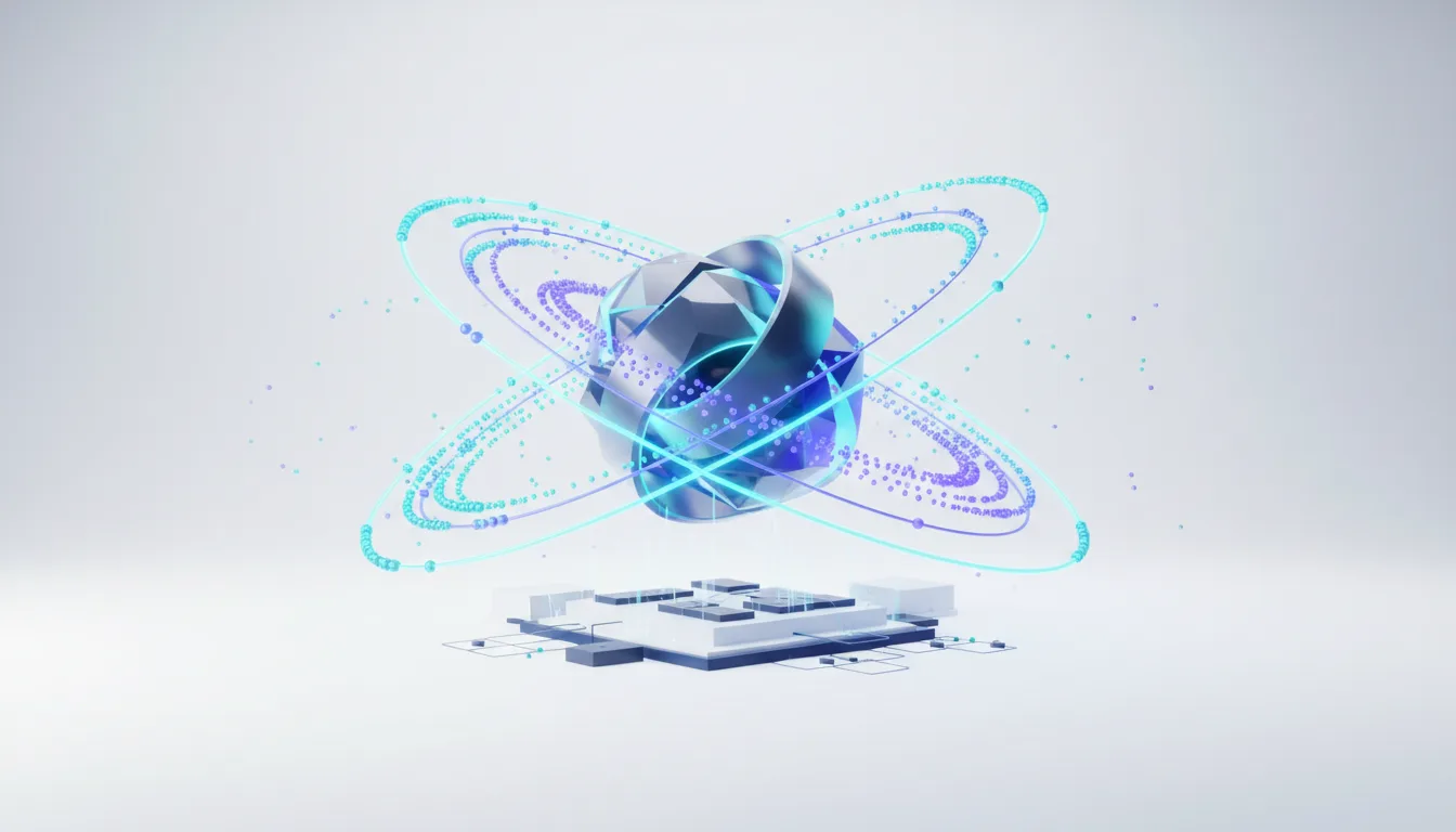 Abstract 3D rendering of a complex geometric shape with orbiting rings of light and particles above a futuristic circuit board.