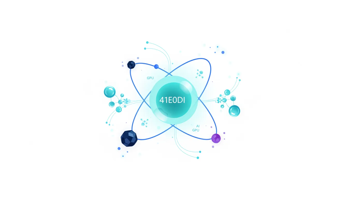 Abstract atomic structure with '41E0DI' at the center, representing AI and GPU components in a network.